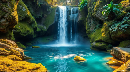 Beautiful waterfall in the jungle. Panoramic view of a waterfall in the jungle.の写真素材