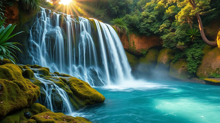 Panoramic view of beautiful waterfall in tropical forest at sunset.の写真素材