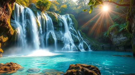 Beautiful waterfall in the forest at sunset. Waterfall in Thailand.の写真素材