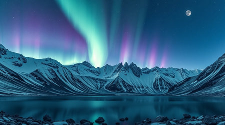 Aurora borealis over snowy mountains and lake at night.の写真素材