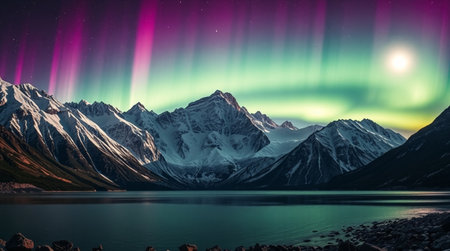 Aurora borealis over snowy mountainsの写真素材