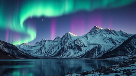 Aurora borealis, northern lights over snowy mountains and lakeの写真素材