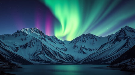 Aurora borealis in the night sky over mountains and lakeの写真素材
