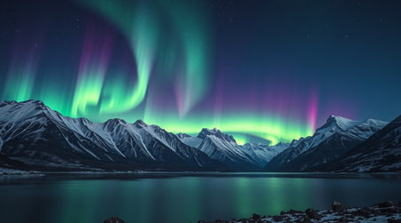 Aurora borealis over snowy mountains at night.の写真素材