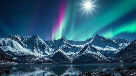Northern lights over snowy mountains at night. Aurora borealis. 3d renderingの写真素材
