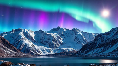 Aurora borealis, northern lights over mountain lake in winterの写真素材