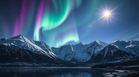 Northern lights, Aurora borealis, over snowy mountains and lake.の写真素材