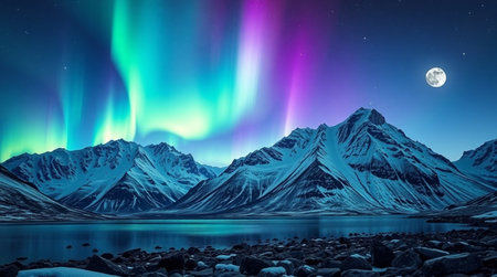 Northern lights over snowy mountains at night. Aurora borealis. 3D renderingの写真素材