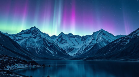 Aurora borealis over mountain lake. 3D Rendering