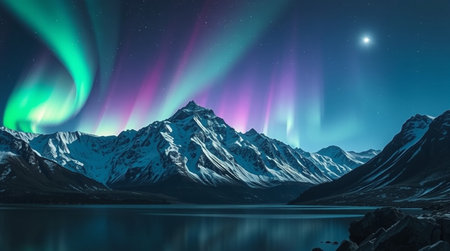 Aurora borealis, northern lights over mountains at night.の写真素材