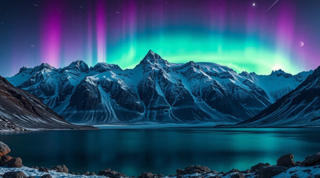 Aurora borealis over mountains at night. 3D renderingの写真素材