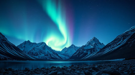 Northern lights in the mountains. Aurora borealis, northern lights over the lake.の写真素材