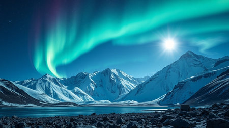 Aurora borealis, northern lights over snowy mountains and lakeの写真素材