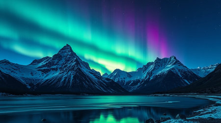 Aurora borealis in front of snowy mountains at night.の写真素材