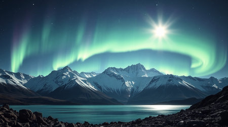 Aurora borealis over mountains at nightの写真素材