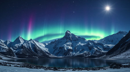 Aurora borealis over snowy mountains at night. Panoramaの写真素材
