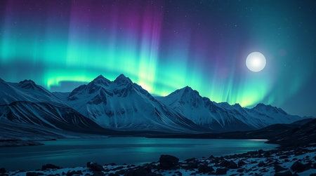 Northern lights over snowy mountains. Aurora borealis in the sky.の写真素材