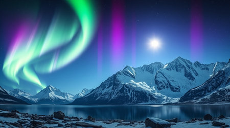 Aurora borealis over snowy mountains at night. 3D renderingの写真素材