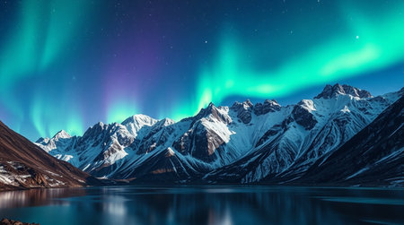 Aurora borealis, northern lights over mountain lake at nightの写真素材