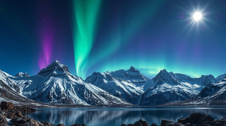 Aurora borealis, northern lights and mountains in the background.の写真素材