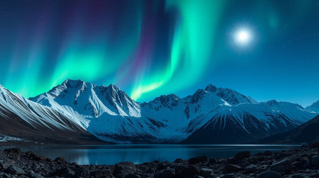 Aurora borealis, northern lights over mountains at night.の写真素材