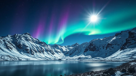 Aurora borealis, Northern lights over lake in snowy mountains.の写真素材