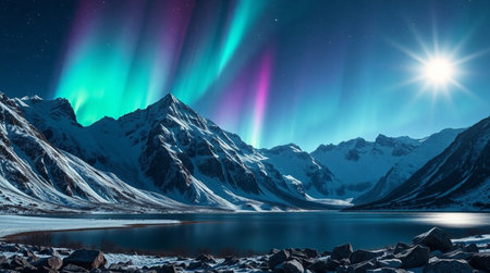 Aurora borealis, northern light over mountains and lake.の写真素材