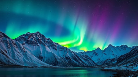 Aurora borealis, northern light over snowy mountains at nightの写真素材