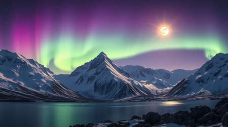 Aurora borealis, northern lights, over snowy mountains and lake.の写真素材