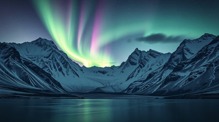 Aurora borealis, northern lights over mountains in the backgroundの写真素材