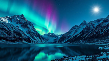 Aurora borealis over snowy mountains. 3D Renderingの写真素材
