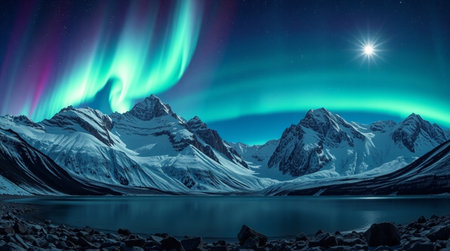 Northern Lights Aurora borealis over snowy mountains at night.の写真素材