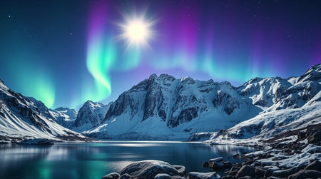 Aurora borealis over the snowy mountains. Northern lights.の写真素材