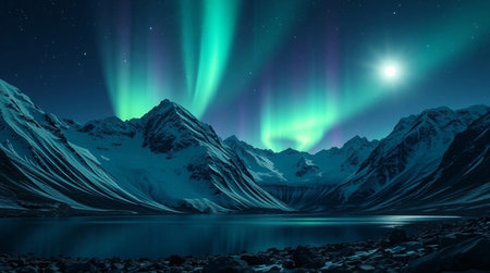 Northern lights over the mountains. Aurora borealis in the night sky.の写真素材