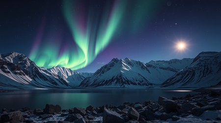 Aurora borealis over snowy mountains and lake. 3d renderingの写真素材