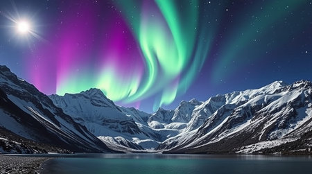 Aurora borealis, northern lights over mountains at night.の写真素材