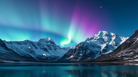 Aurora borealis over mountain lakeの写真素材