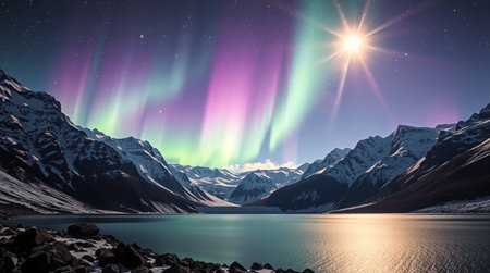 Aurora borealis, northern lights over mountain rangeの写真素材