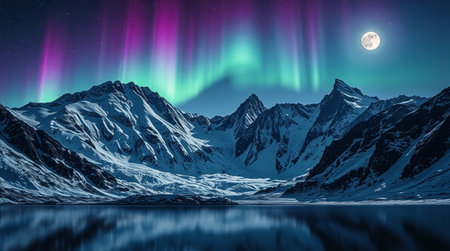 Aurora borealis, northern lights over mountain lake. 3D renderingの写真素材