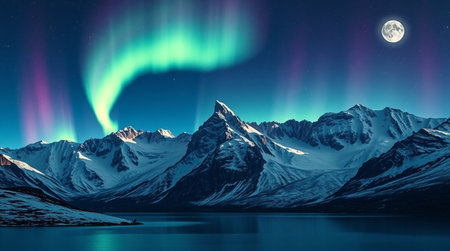 Aurora borealis over snowy mountains at night. 3D renderingの写真素材