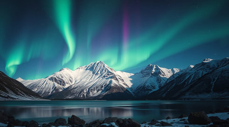 Aurora borealis, northern light over snowy mountains and lakeの写真素材