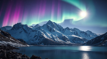 Aurora borealis in the mountains. Northern lights over the mountain lakeの写真素材