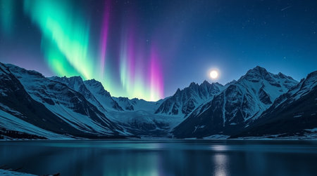 Aurora borealis, northern lights over snowy mountains at nightの写真素材
