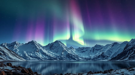 Aurora borealis in the night sky over mountain lake.の写真素材