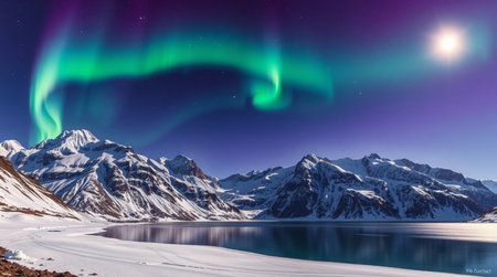 Aurora borealis over snowy mountains. Aurora borealis, northern lights, snowflakes and frozen lake.の写真素材