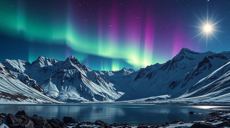 Aurora borealis over snowy mountains at night. 3D renderingの写真素材