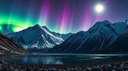 Aurora borealis above mountains at nightの写真素材