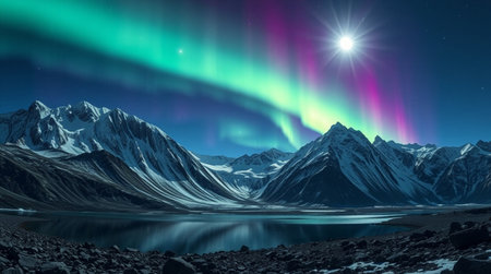Aurora borealis over snowy mountains and lake. 3d renderingの写真素材