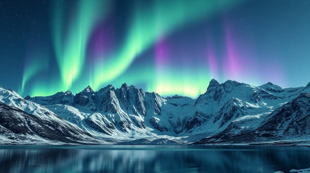 Aurora borealis over snow-capped mountains at nightの写真素材