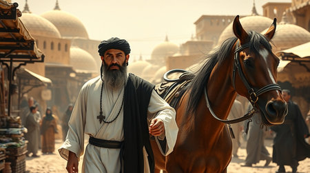 KARACHI/PAKISTAN_ Pakistani man with long beard and moustache in traditional clothes walking with his horse in the streets of karachiの写真素材